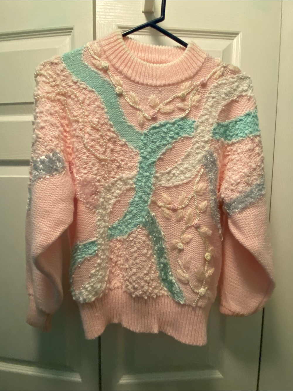 Vintage Jacklyn Smith Pastel Pink/Seafoam Green Sweater Roses Faux Pearls Medium